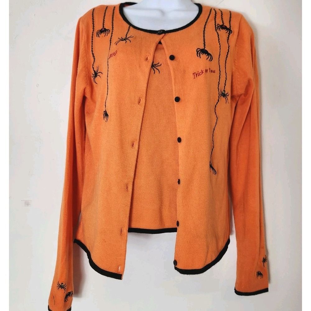Vintage Y2K Halloween Spider S Cardigan Tank Set Orange Embroidered 90s 2000s